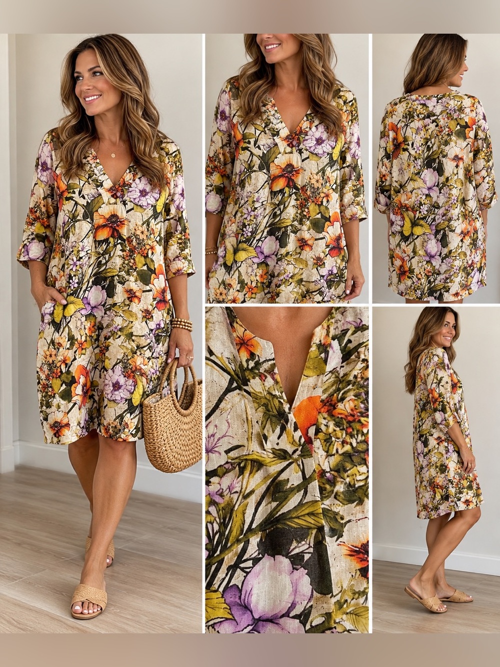 Chico’s 100% Linen Botanical Floral Tunic Dress Boho Cottagecore EUC large